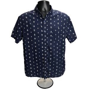Descendant NYC Men’s Slim Fit Button-Down Shirt - Navy Blue Anchor Print, Size L